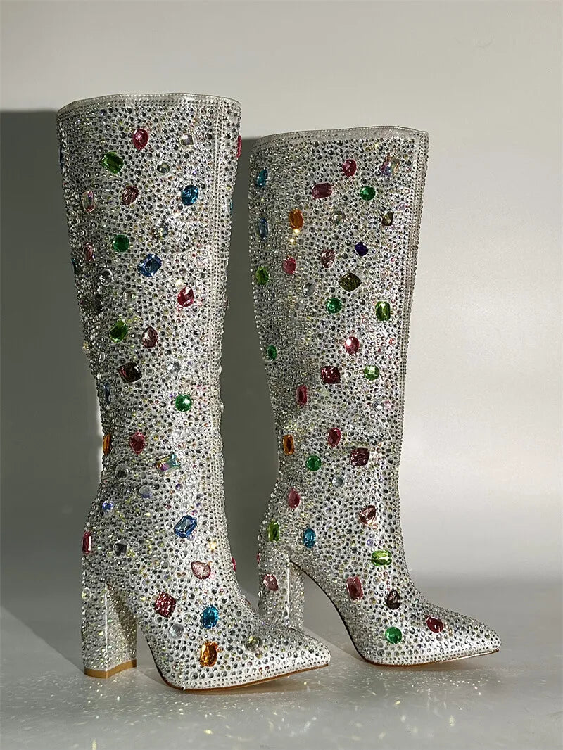 Pointed Toe Rhinestone Block Heel Knee High Boots