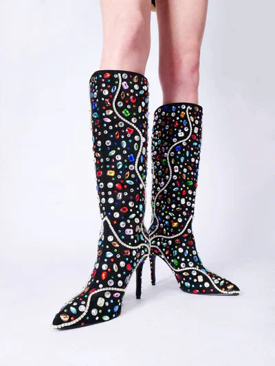 Rhinestone Pointed Toe Bling Crystal Thin High Heel Knee High Boots