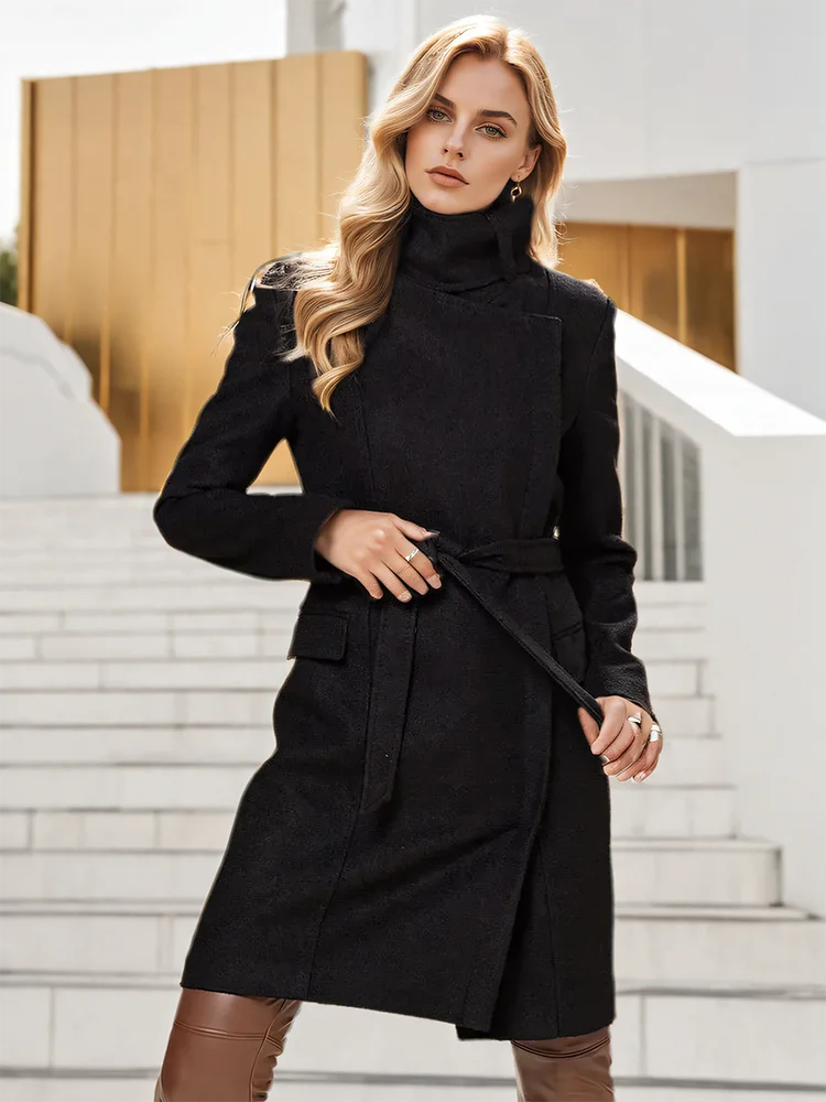 Stand Collar Long Sleeve Zipper Lace-up Slim Woollen Overcoat