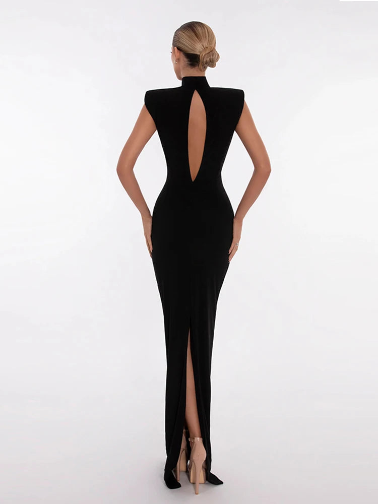 Turtleneck Hollow Out Crystal Sleeveless Backless Split Bandage Dress