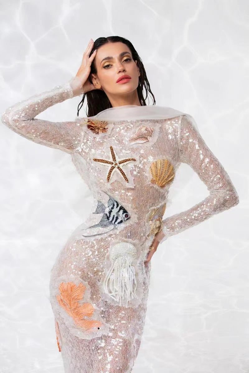 Long Sleeve Sequins Shinning Sea Star Backless Maxi Dress