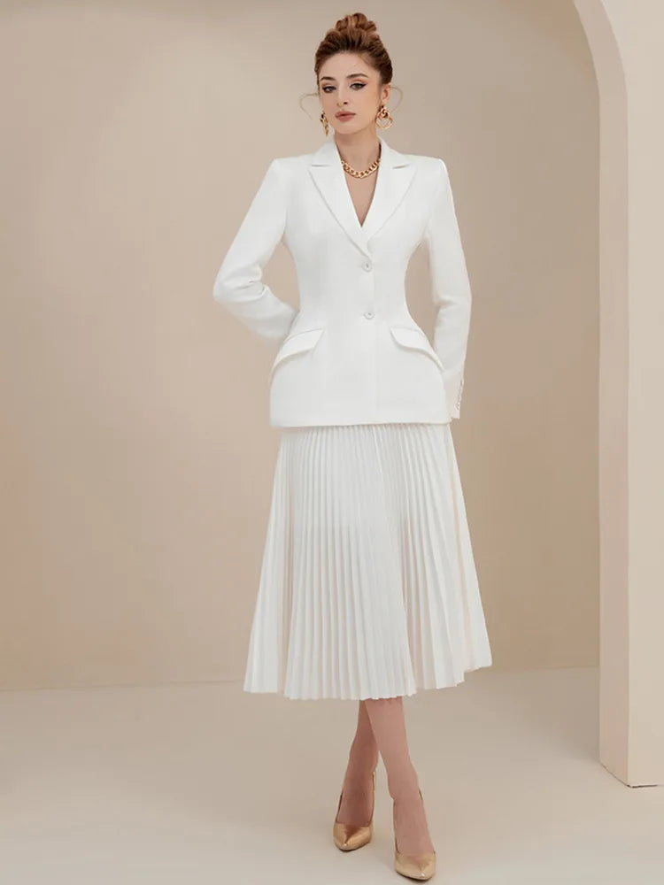 Long Sleeve Lapel Collar Button Blazer Pleated Mid Skirt Set