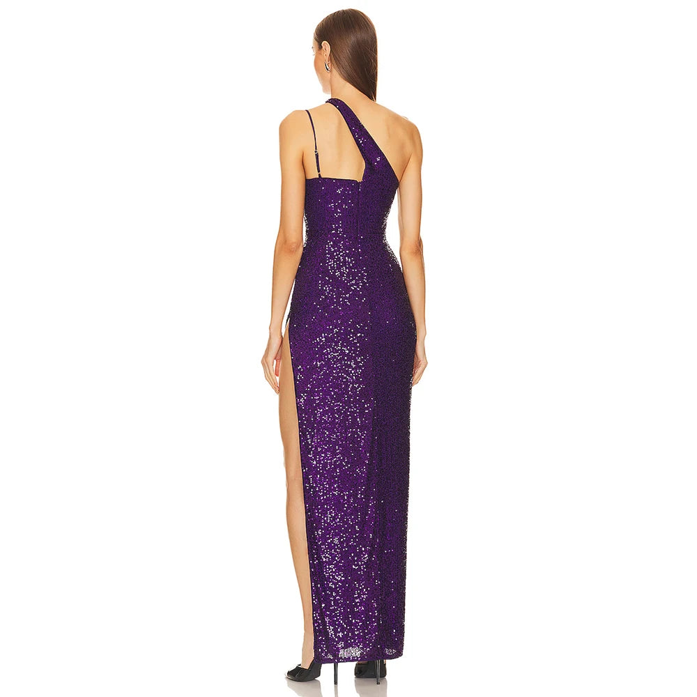 One Shoulder Sleeveless One Side High Split Sequin Maxi Dress