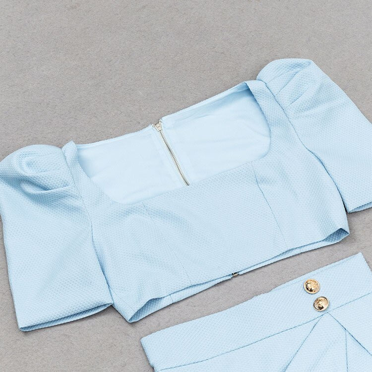Square Neck Bubble Sleeve Super Mini Top & High Waist Draped Mini Skirt Set