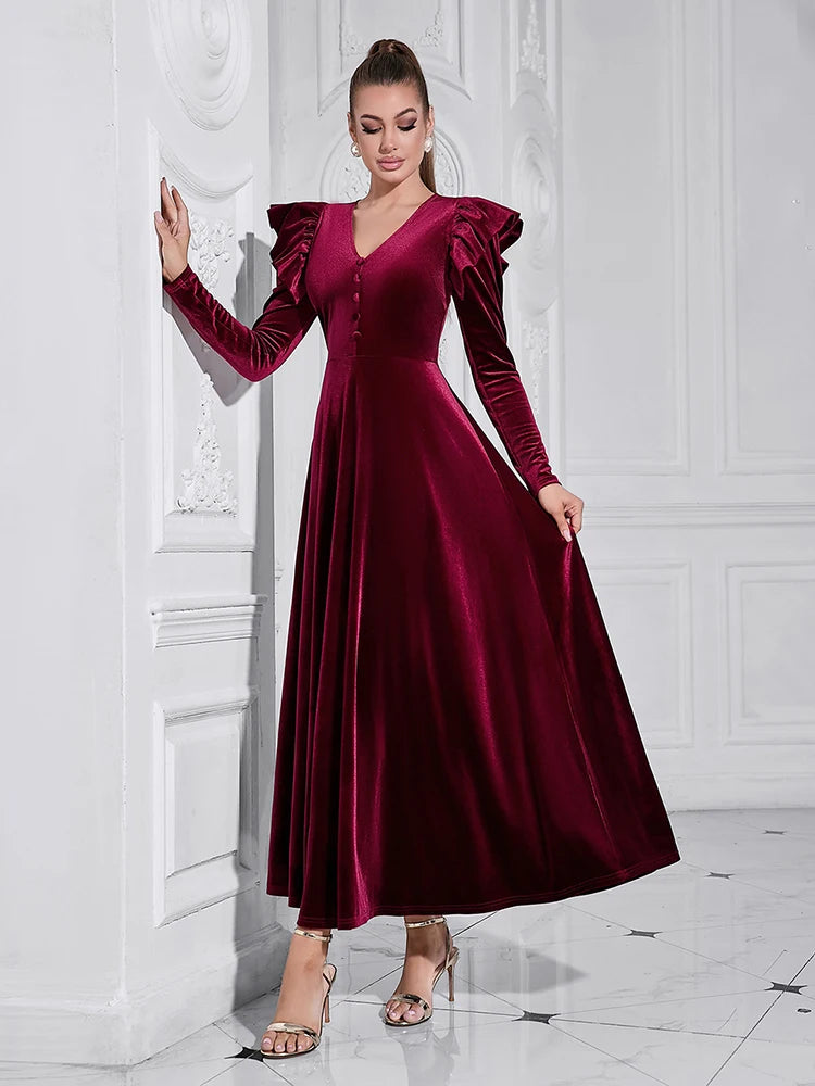 V Neck Ruffles Long Sleeve Velvet Button Slim A line Maxi Dress