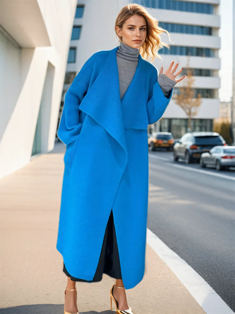 Lapel Loose Fit Long Sleeves Sashes Knitted Cardigan Maxi Coat