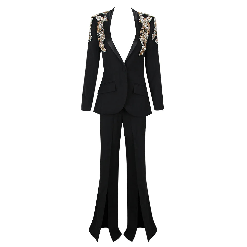 Rhinestone Flower Decor Blazer Waist Retraction Split Flare Trouser Set