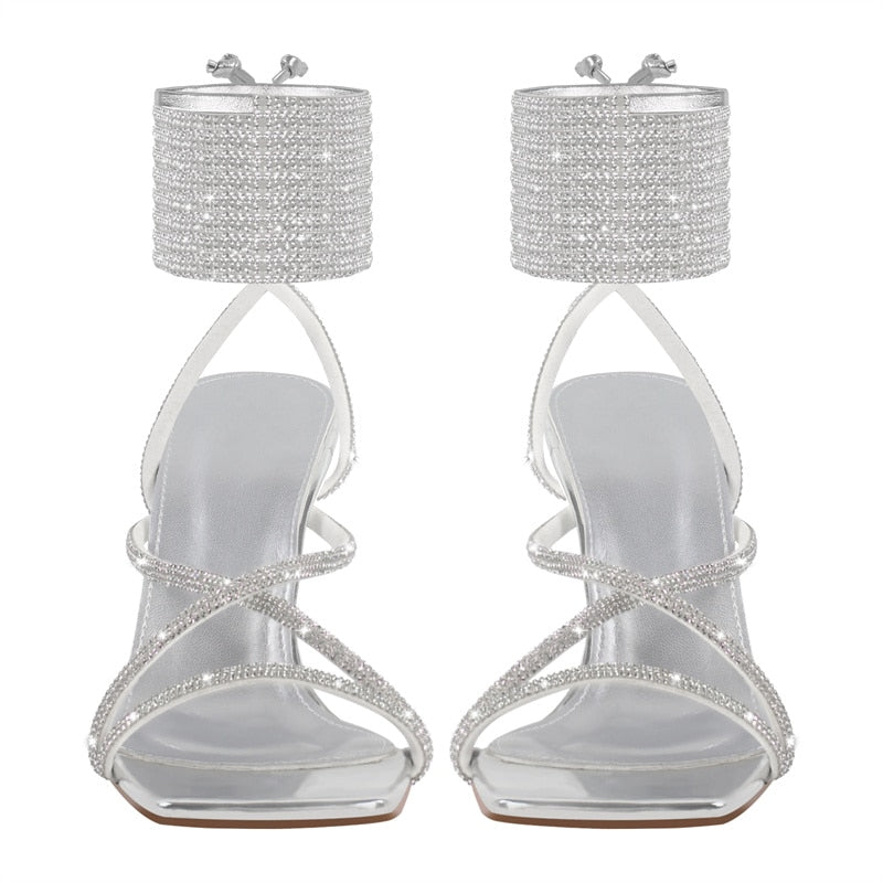 Shiny Crystal Lace Up Strap Square Thin Heels Sandals