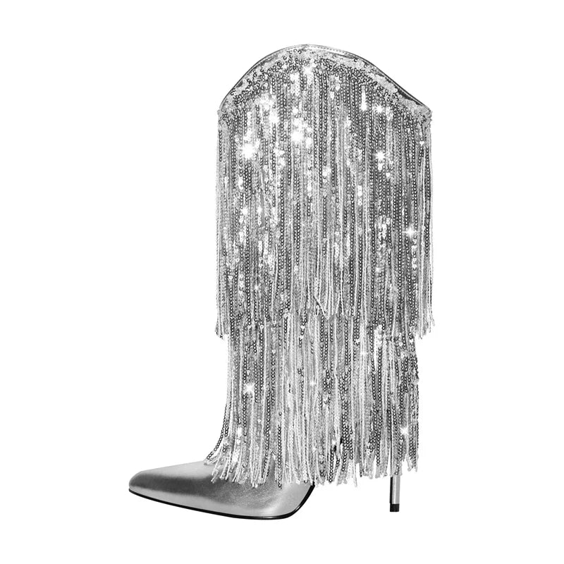 Pointed Toe Sequin Fringe Thin High Heel Mid Boots