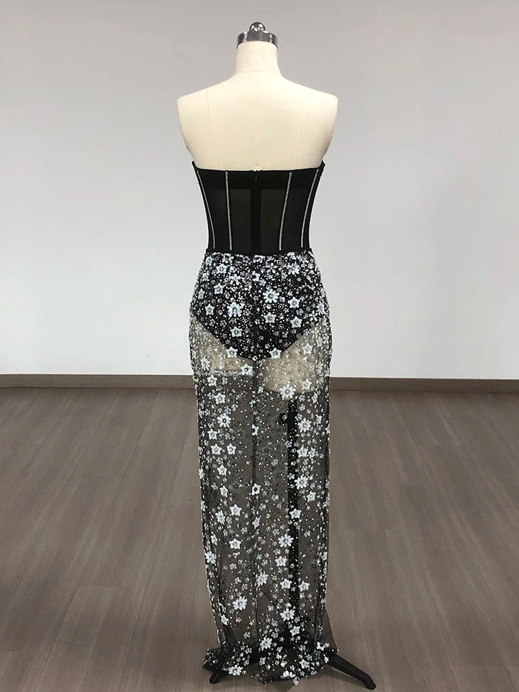 Strapless Sequins Bodysuit Shiny Beaded Mesh See Through Maxi Skirt Set