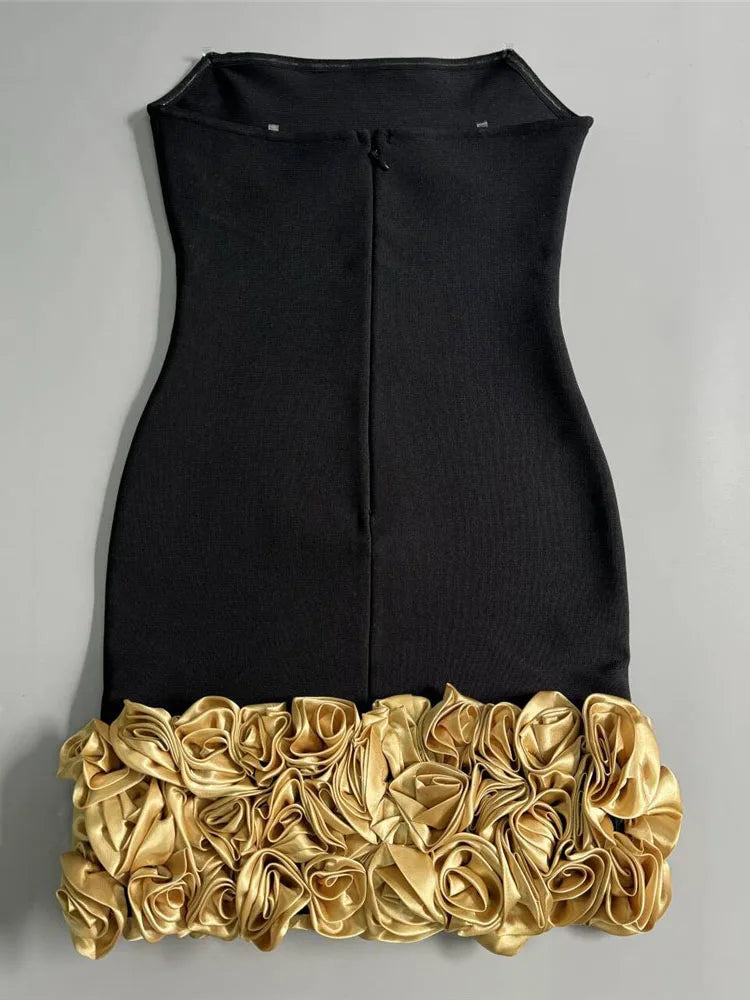 Strapless Gold 3D Flowers Sleeveless Backless Floral Bandage Mini Dress