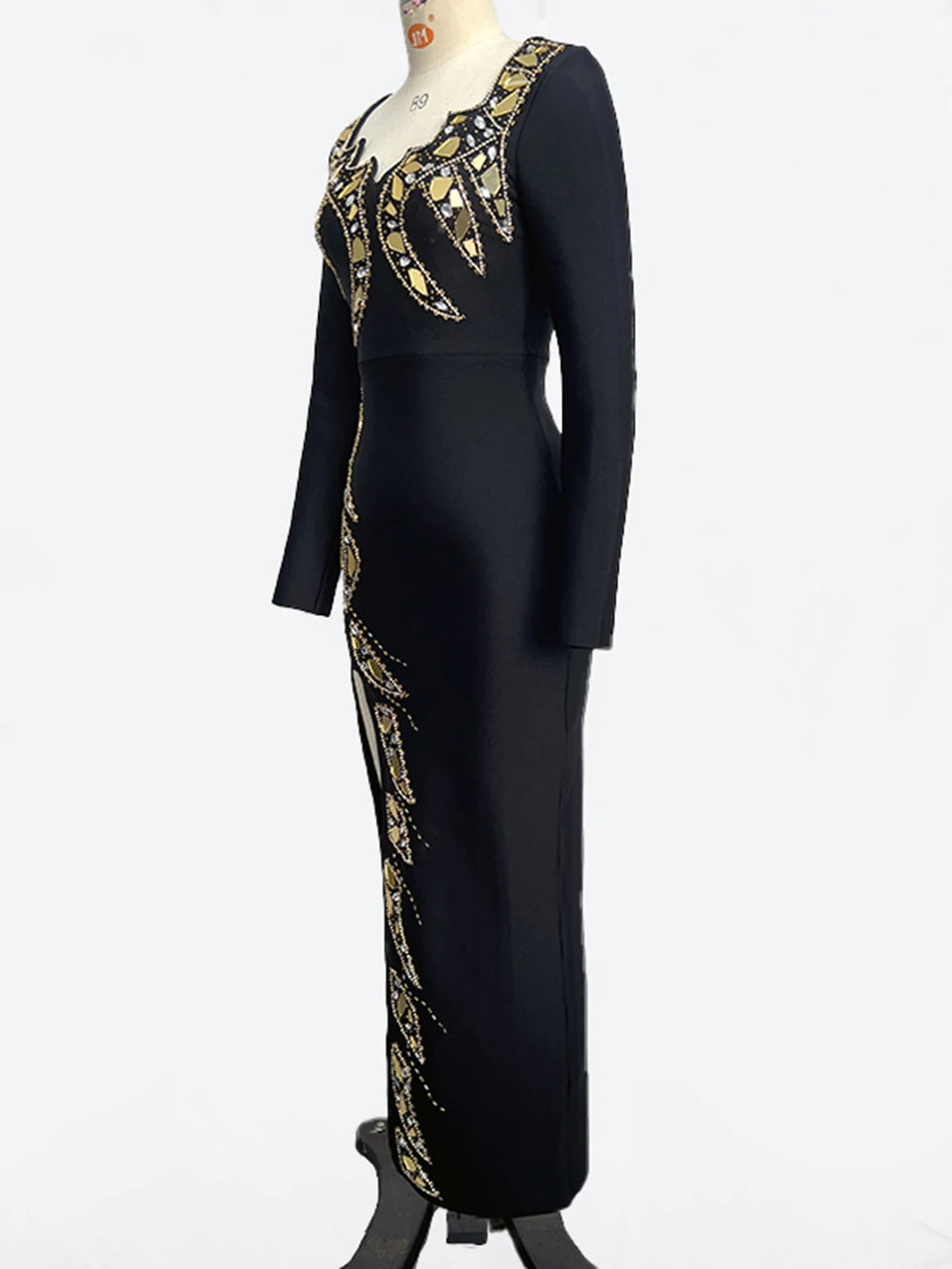 Toothed Collar Long Sleeve Sequins High Split Bandage Maxi Dress