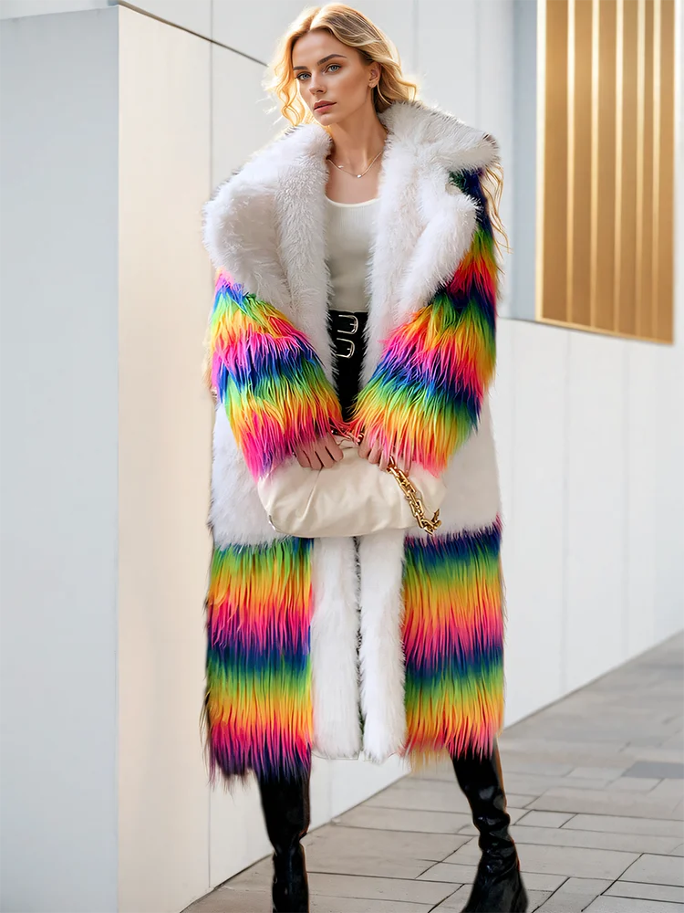 Lapel Rainbow Coloured Long Sleeves Loose Fit Faux Fur Coat