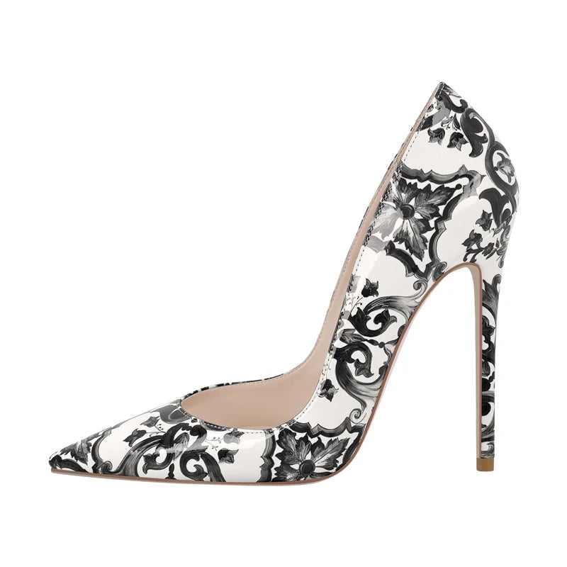 Pumps Pointed Toe Slip On Patent Leather Print High Heels Shoes