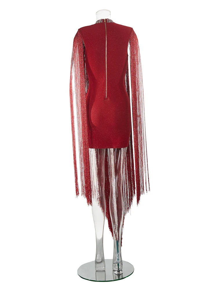 Sleeveless O Neck Tassel Claret Hollow Out Shiny Bandage Mini Dress