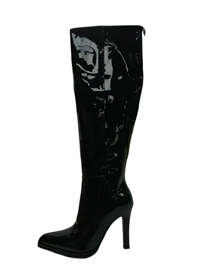 Patent Leather Pointed Toe High Heels Knee Hight Boots