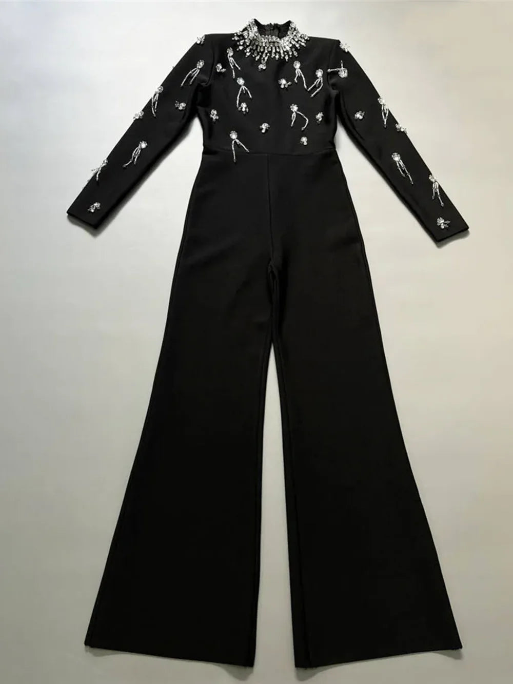 Turtleneck Beading Diamonds Tassel Long Sleeve Wide Leg Bandage Jumpsuits