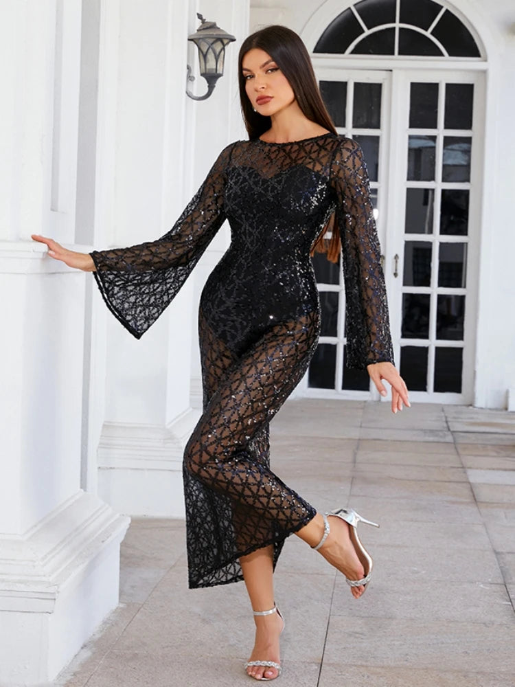 O Neck Flare Long Sleeves See Bodysuit Through Mesh Sequins Slim Dress