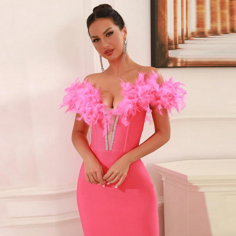 Shoulder less Backless Feather Decor Slim Mid Bandage Dress