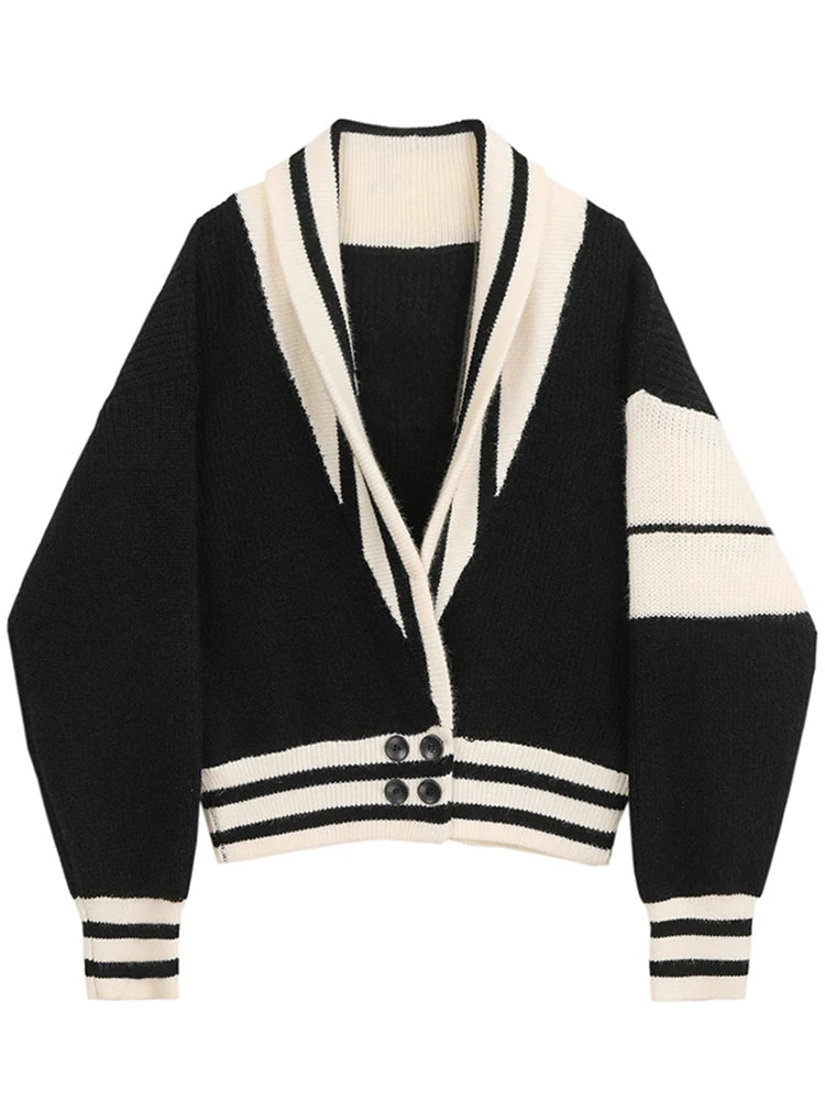 V Neck Long Sleeve Striped Knitting Spliced Button Loose Cardigan