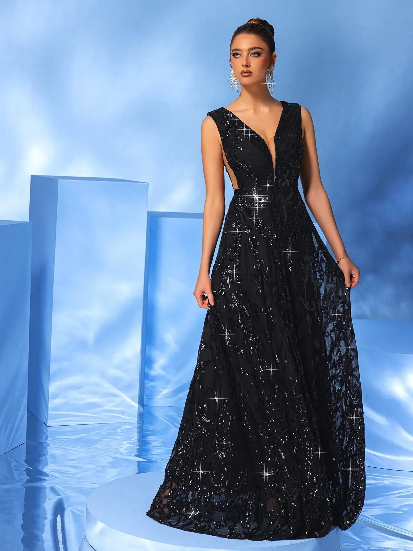 V Neck Sleeveless Black A-LINE Sequin Maxi Dress