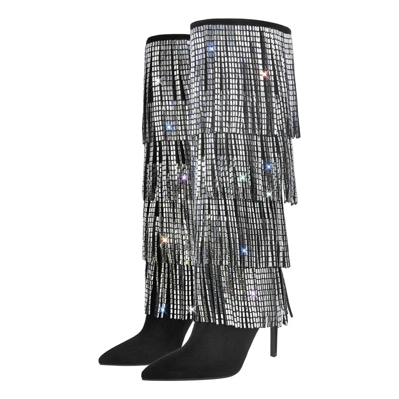 Pointed Toe Rhinestone Tassel Crystal Thin Heel Knee High Boots