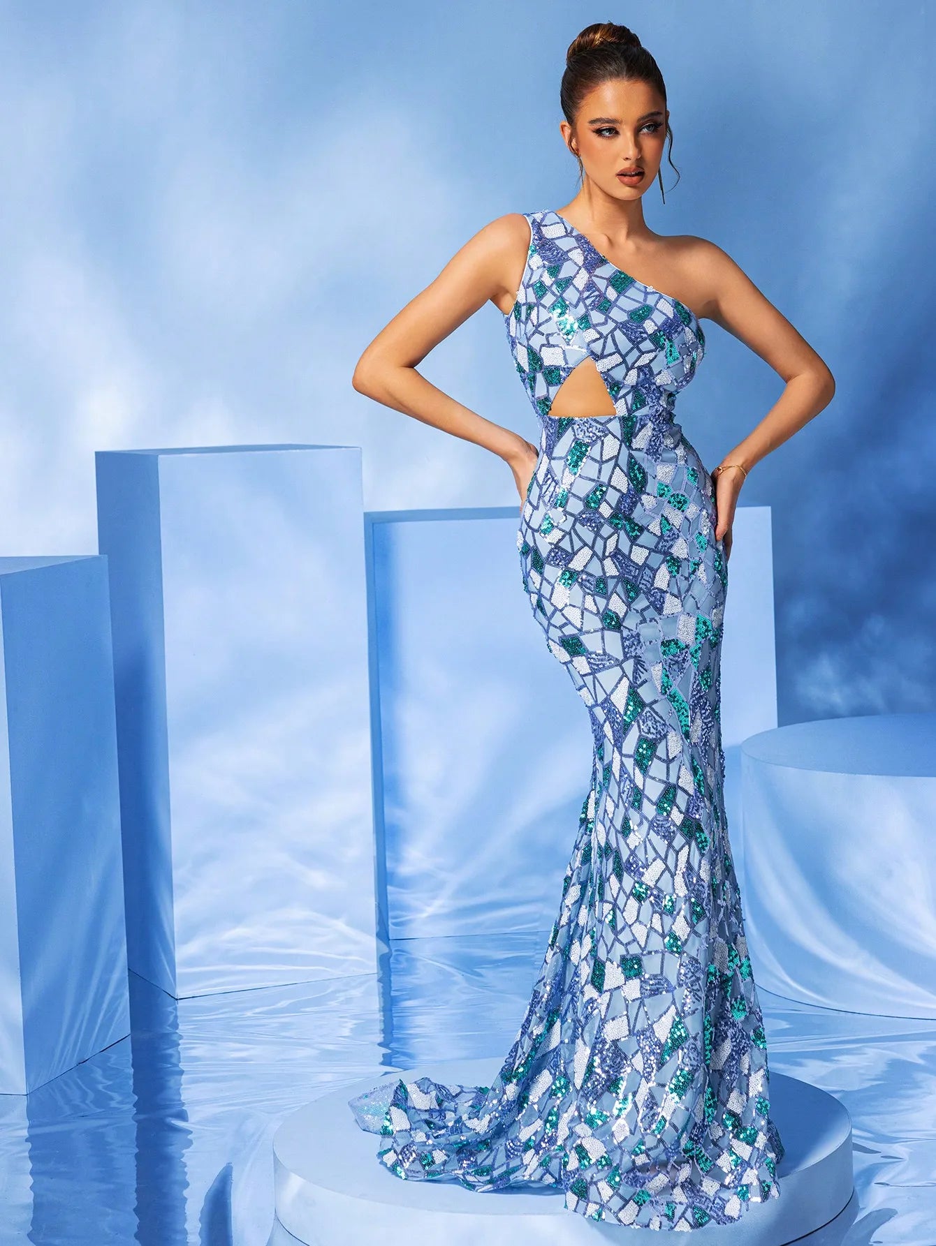 One-Shoulder Light Blue Glitter Sequins Mermaid Evening Maxi Dress