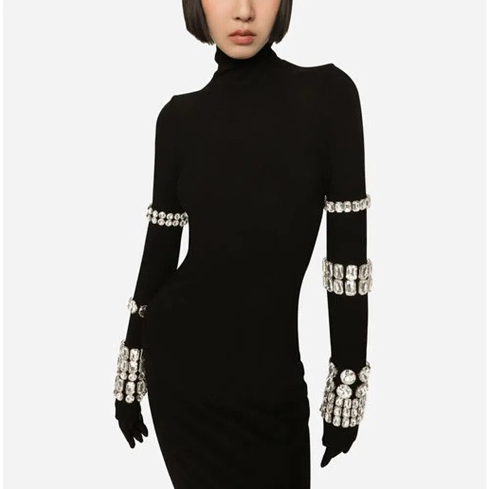 Stand O-Neck  Long Sleeve Diamond Decor Bandage Mid Dress