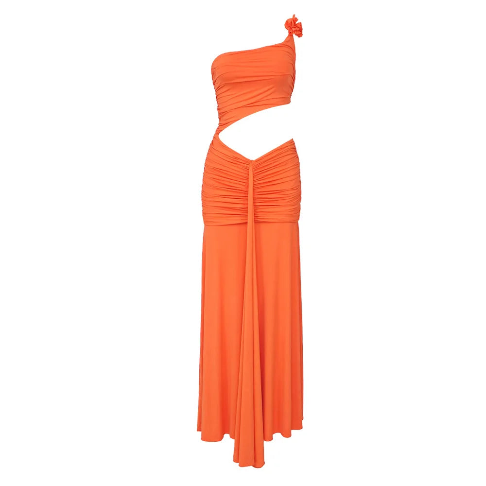 Sleeveless One Shoulder Pleated Hollow out Maxi Dress