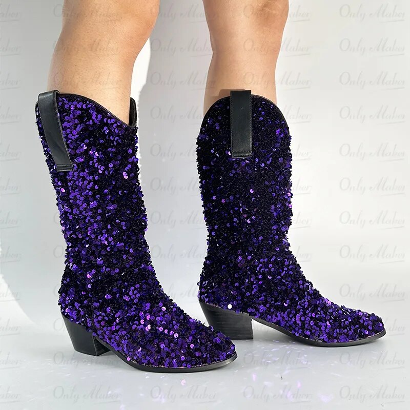 Pointed Toe Bling Block Heel Pull-On Sequined Knee High Boots