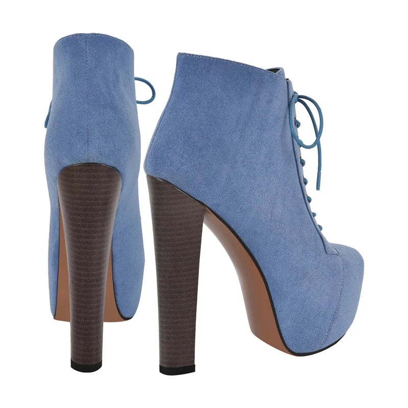 Platform Suede Lace Up Round Toe Thick Chunky Heel Ankle Boots