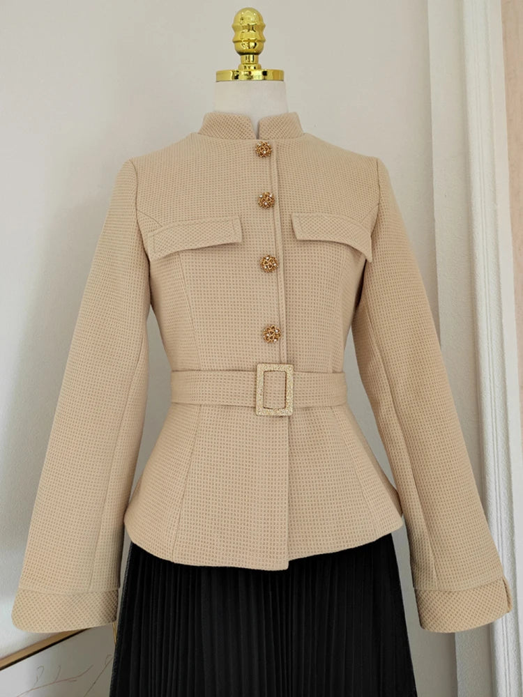 Belted Single Breasted Tweed Stand Collar Coat Gauze Pleated Mid Skirt Set