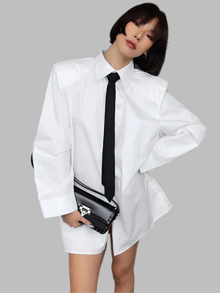 Loose Cotton With Tie Formal Lapel Long Sleeve Mini Shirt Dress