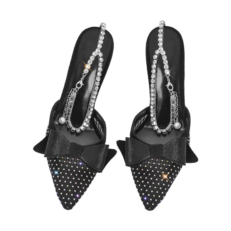 Fishnet Bow Diamond Decor Metal Heels Sandals
