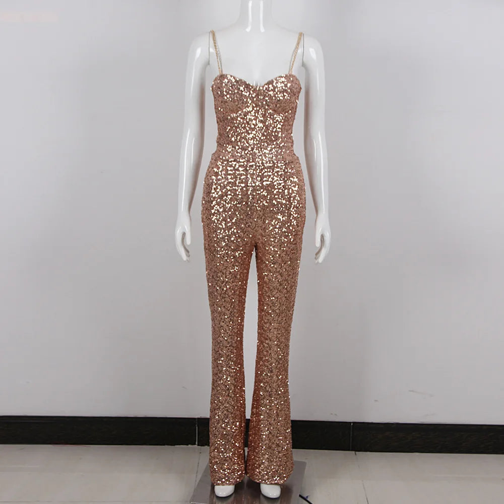 Sleeveless Sequins Spaghetti Strap Belted Wide Legs Jumpsuits