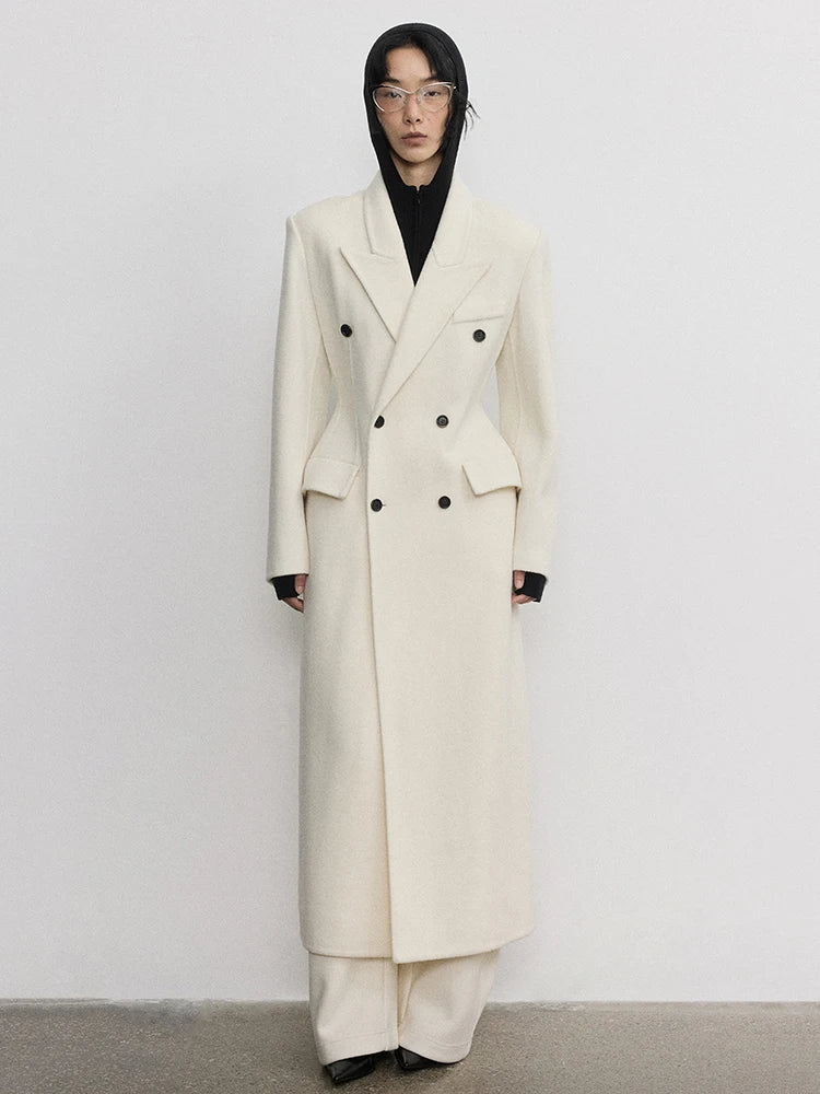 Lapel Caller Slim Wide Seam Pressed Thread Woollen Maxi Overcoat