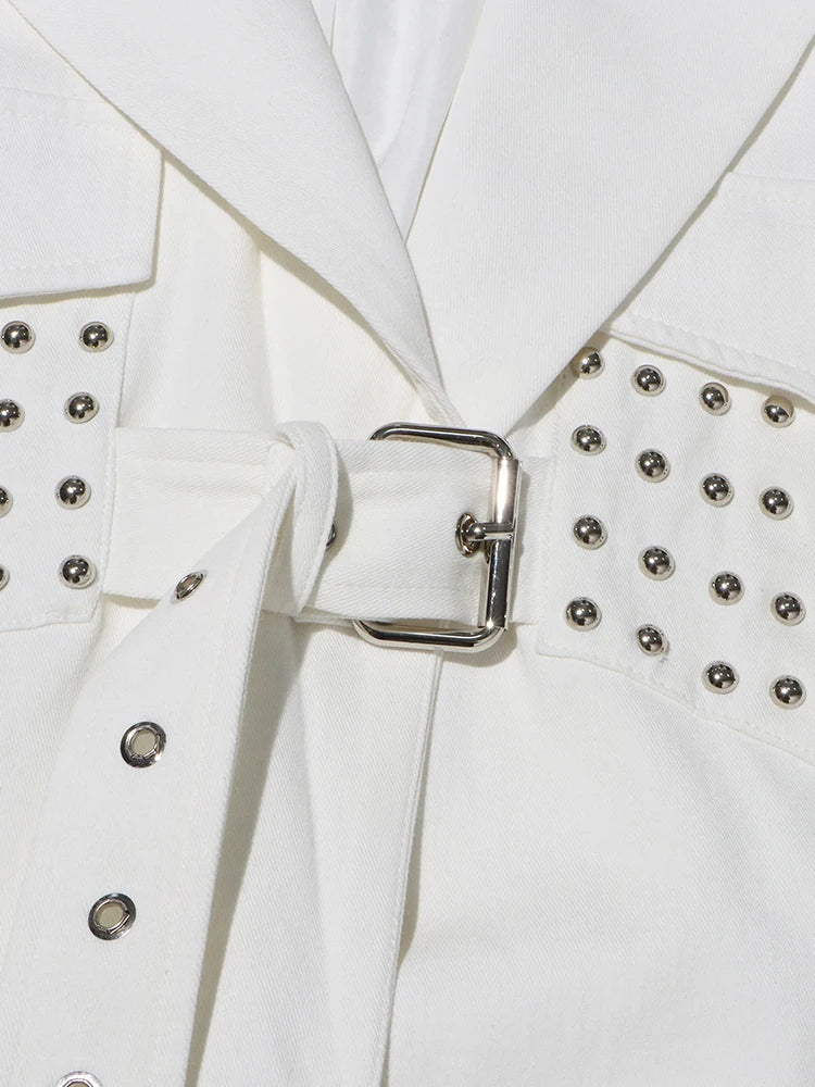 Notched Collar Long Sleeve Spliced Button Patchwork Belt Blazers