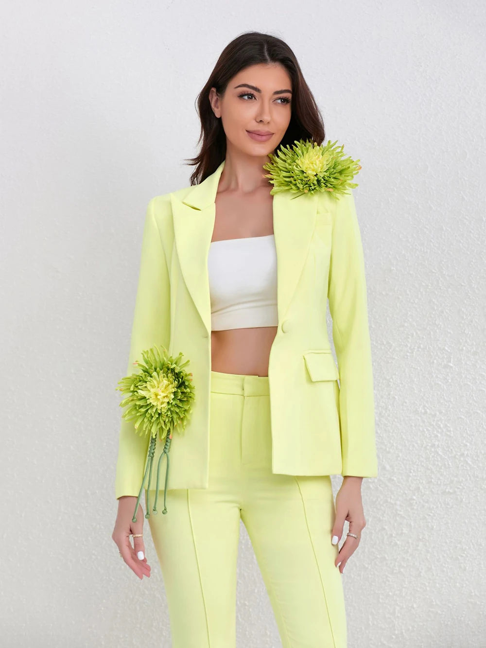 3D Flowers Single Button Blazer High Waist Flare Trouser Set