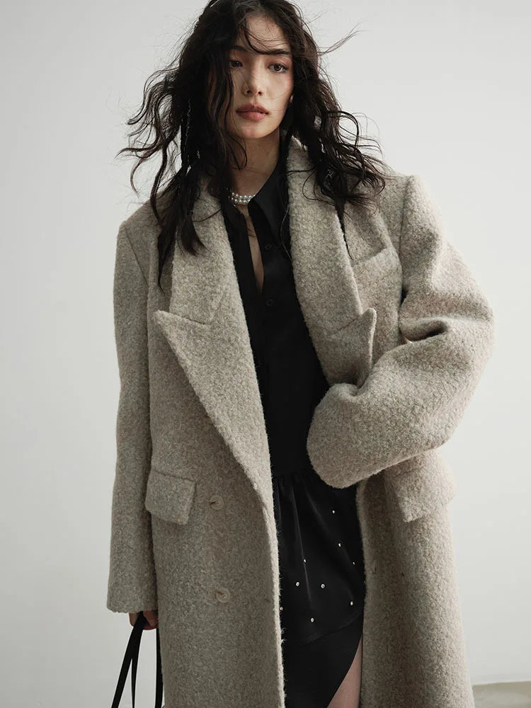 Turn-down Collar Lapel Long Sleeve Woollen Maxi Coat