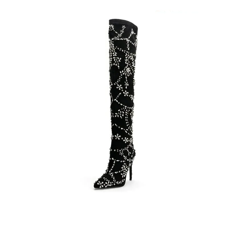 Rhinestone Flock Thigh High High Heels Over The Knee Boots