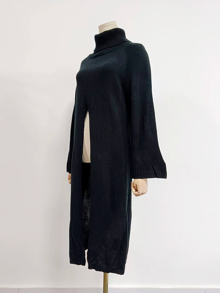 High Split Turtleneck Long Sleeve Split Knitting Maxi Pullover