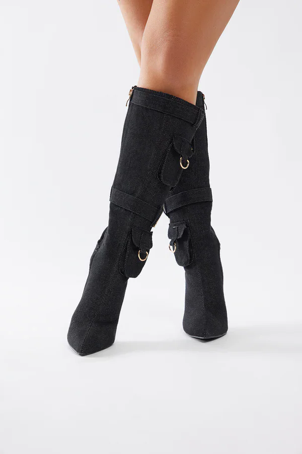 Denim Pocket Retro Pointy Toe Thin High Heels Knee High Boots