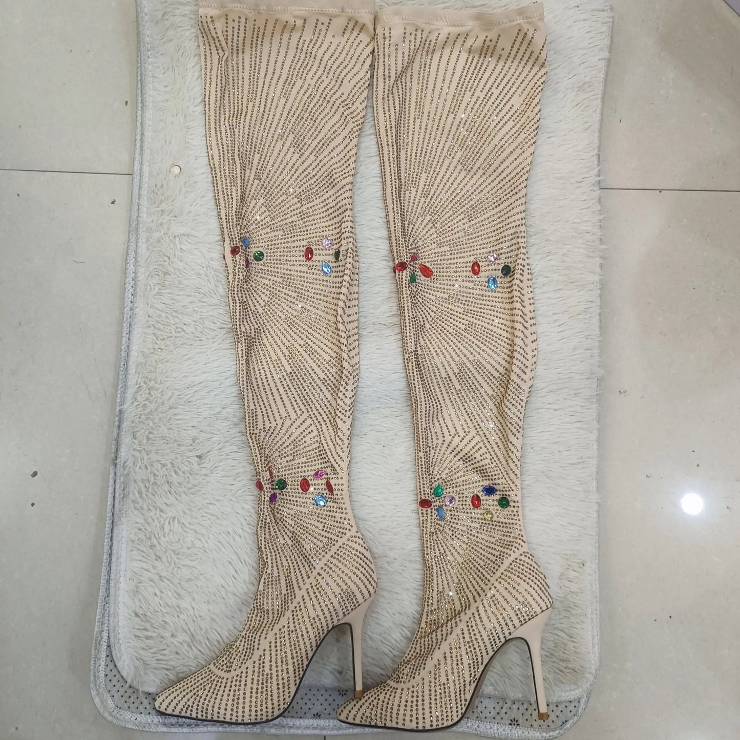 Crystal Diamond Patchwork High Heels Thigh Sock Over The Knee Boots