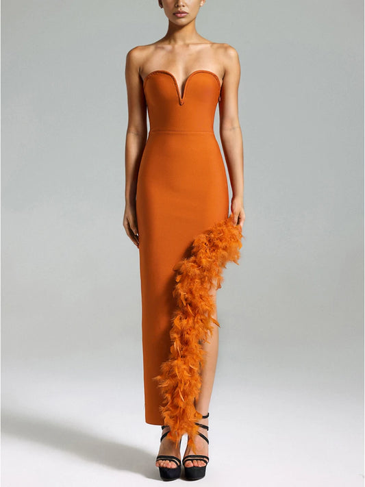 Strapless Backless Feathers One Side Split Bandage Maxi Dress