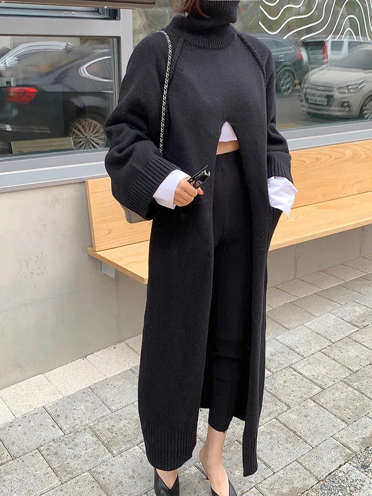 High Split Turtleneck Long Sleeve Split Knitting Maxi Pullover