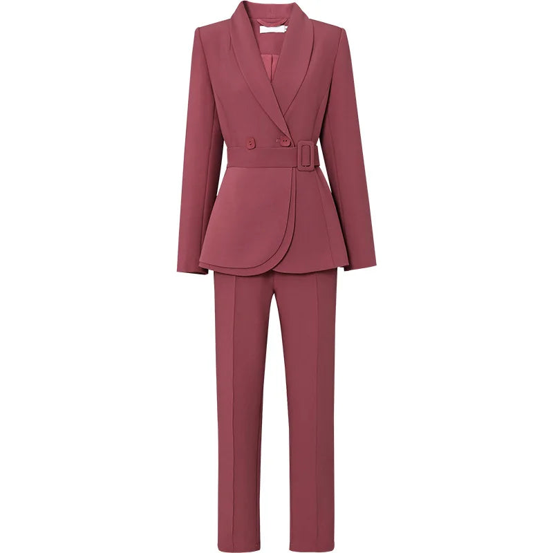 Long Sleeve Turn-down Collar Blazer Elastic Mid Waist Trouser Set