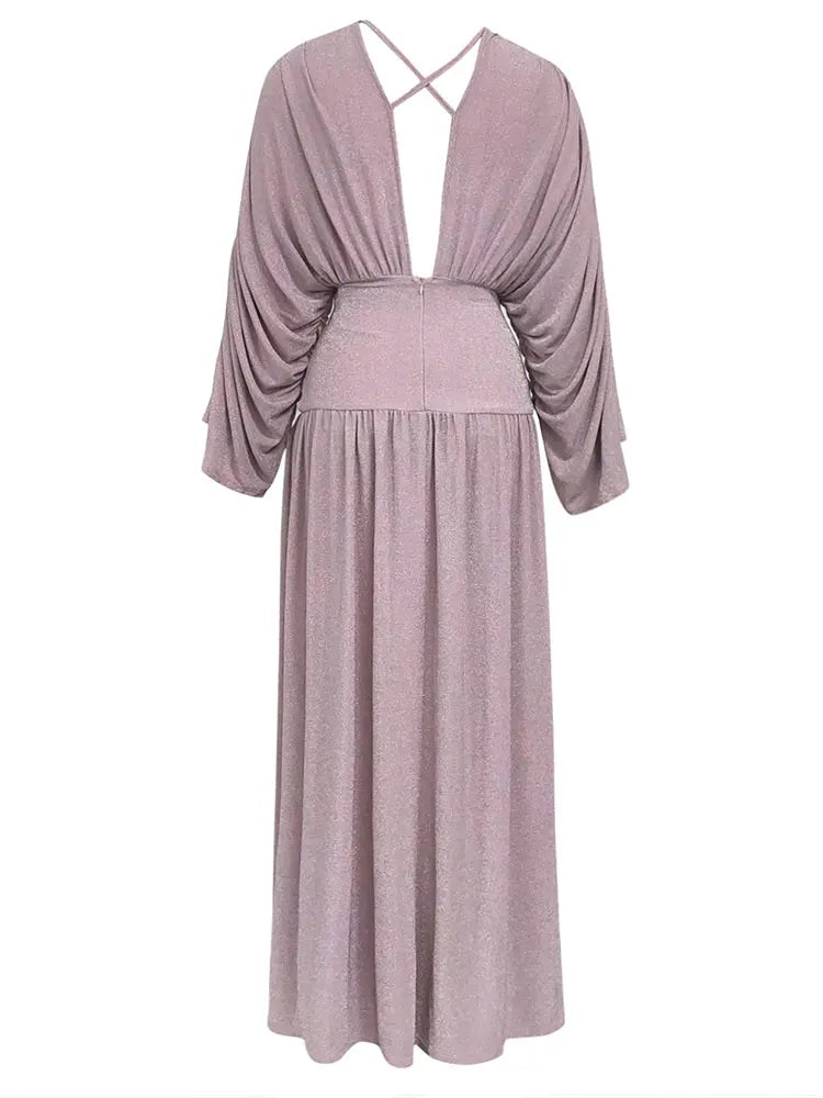 V-neck Batwing Sleeves Draped Backless Maxi Dress