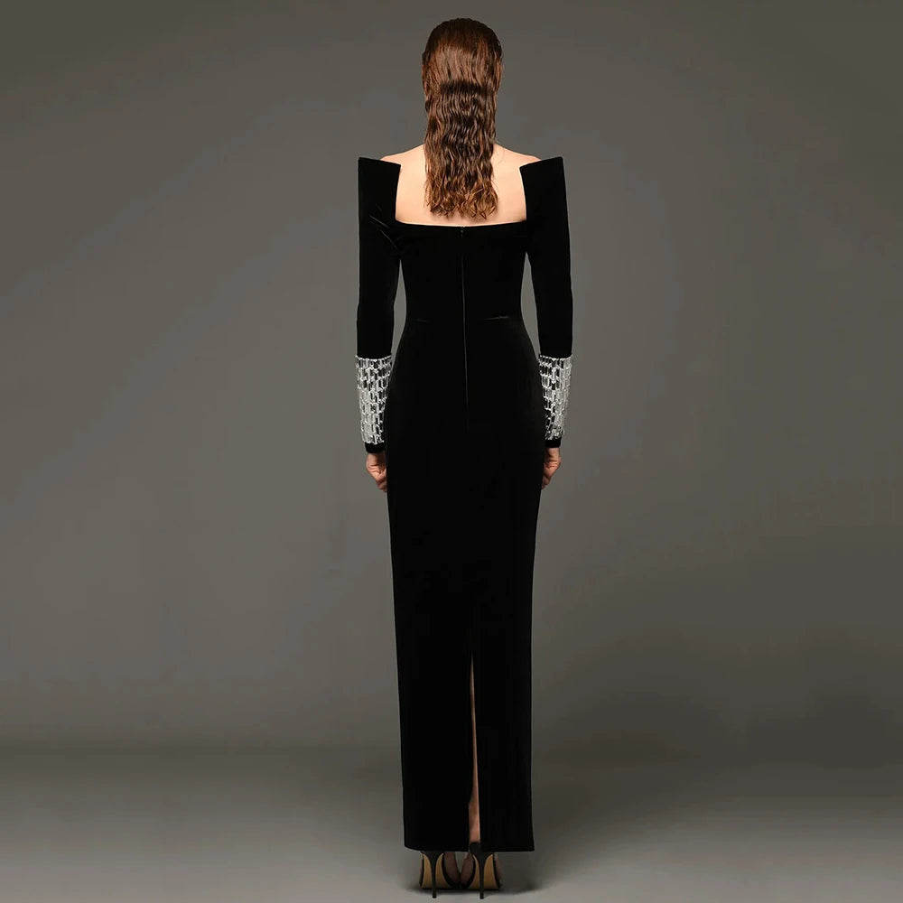 Square Neck Diamond Decor Long Sleeve Tight Maxi Bandage