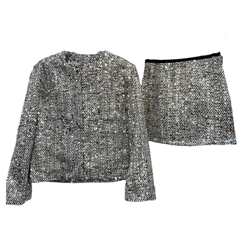 Sequins Patchwork Coat High Waist Wrapped Hip A-line Mini Skirt Set