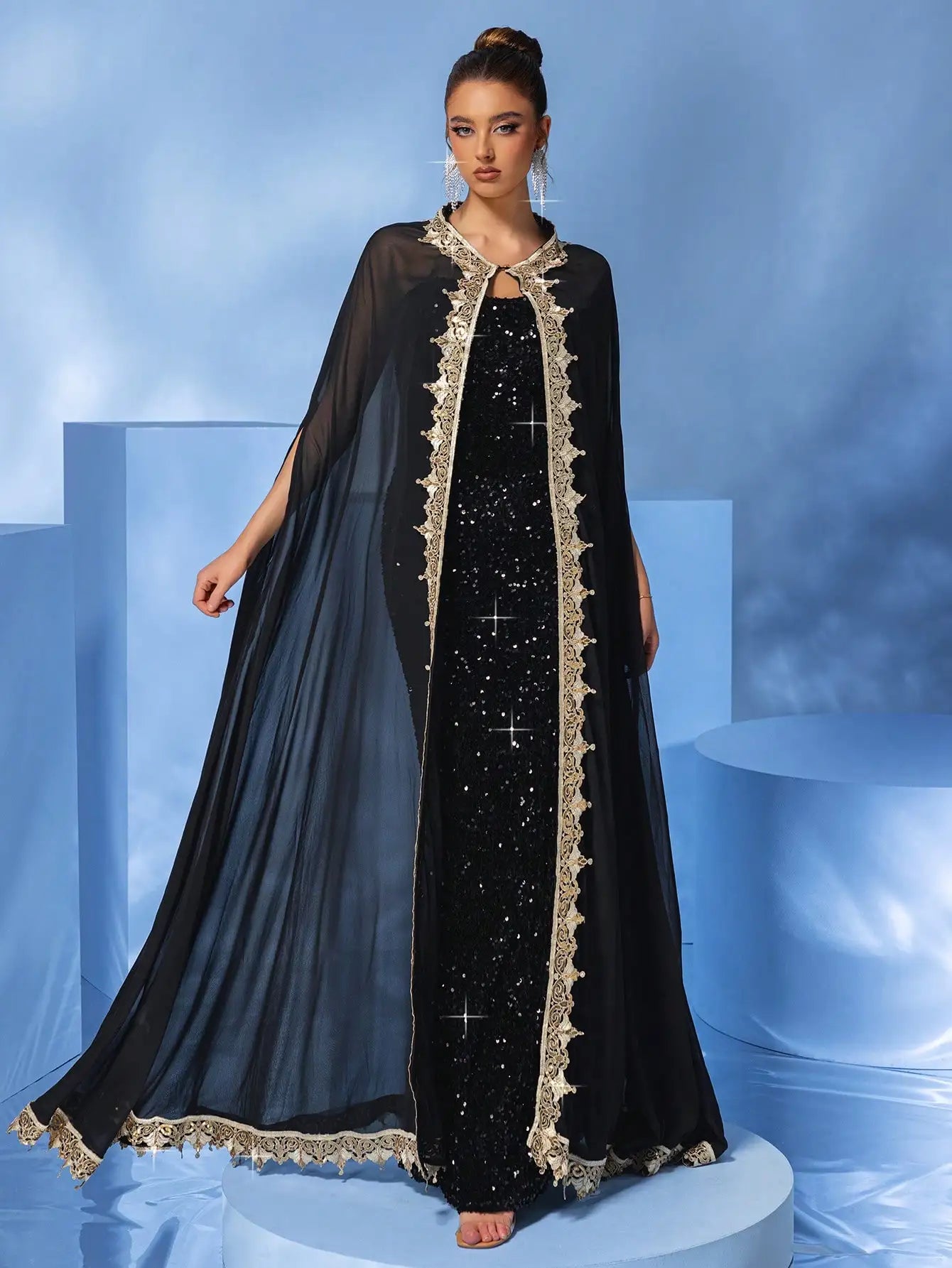 Sparkly Sequin Hem Cape Sleeveless Black Evening Mermaid Maxi Dress